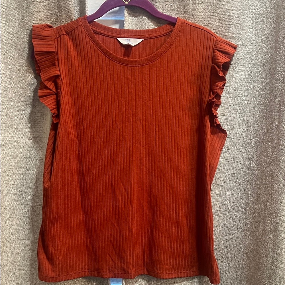 Time and Tru Rust Ribbed Flutter Sleeve Tank